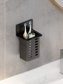 2 piezas Estante de almacenamiento para baño montado en la pared con marco negro, organizador transparente y ahorra espacio para cepillo de dientes, pasta de dientes, peine y cosméticos - Negro - Ver 5