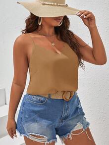 SHEIN Frenchy Áo camo dáng rộng, màu trơn, dây mảnh, viền ren, cỡ lớn, thoải mái cho mùa hè. - Màu Khaki - Xem 7