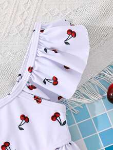 SHEIN 2件套可爱樱桃印花荷叶边女童（小号）泳衣套装，夏季海滩度假 - 白色 - 查看 4