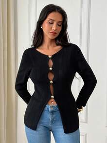SHEIN Ribbed Knit Button-Front Spring Cardigan With Slim Fit Silhouette, Long Sleeves And Chic Minimalist European Style - Black - View 4
