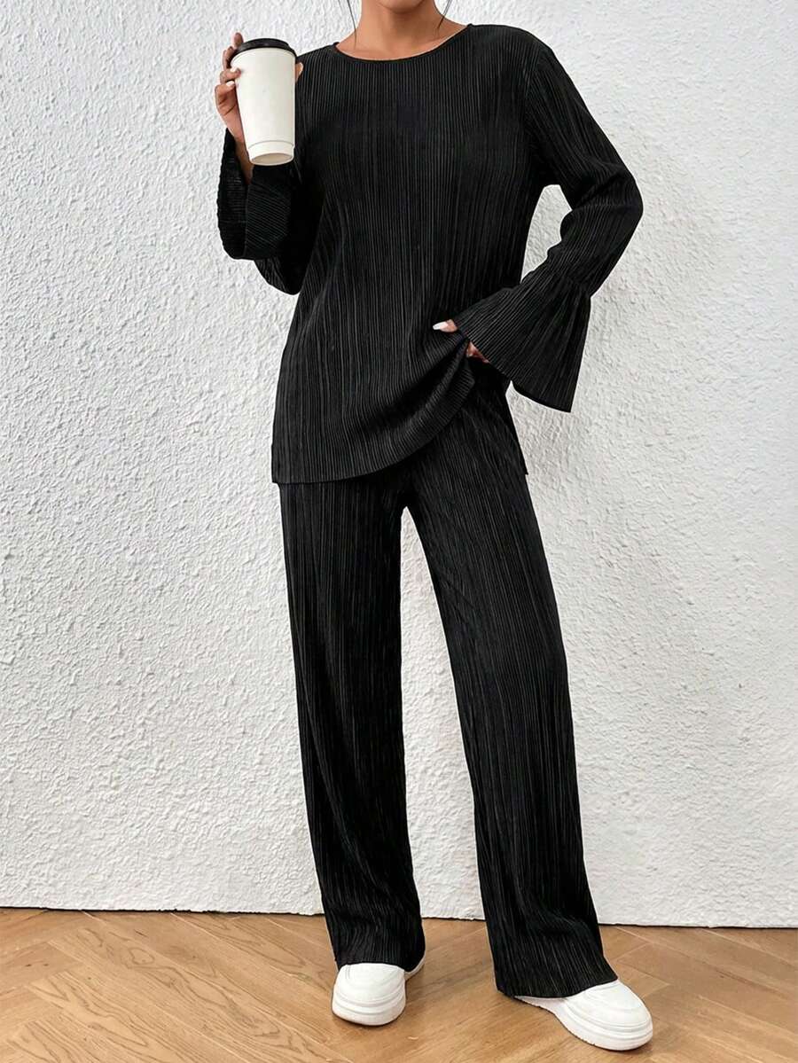 EURMUSE 2pcs/Set Casual Solid Color Flare Sleeve Top And Pants Set, Spring/Autumn - Black - View 1