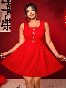 Cravure Women's Plus Size Christmas Red Mini Dress Elegant Square Neck Sleeveless Flared A Line Style - Red - View 2