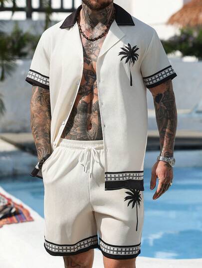 VENTUSAIL Conjunto de camisa de manga corta con botones y estampado geométrico y de palmeras, y pantalones cortos con cordón en la cintura para hombre