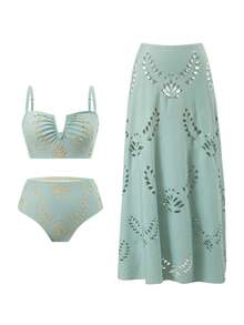 Swim Oasis Plus Size Solid Color Laser Cut Floral V-Neck Adjustable Strap Top Paired With High Waist Solid Color Laser Cut Floral Triangle Bikini Bottom And High Waist Solid Color Laser Cut Floral Skirt, Sexy Elegant Beach Holiday Swimsuit Set - Baby Blue - View 1