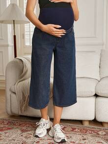SHEIN Fashionable Casual Maternity Wide Leg 3/4 Length Jeans, Navy Blue - Navy Blue - View 3