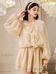 Modelyn 香槟色雪纺荷叶边V领迷你连衣裙 - 长灯笼袖、抽绳腰身和层叠裙摆，浪漫风格，适合新娘送礼会、约会之夜和度假；女士纯色荷叶边领灯笼袖时尚迷你连衣裙；米色灯笼袖连衣裙；奶油色连衣裙；法式优雅连衣裙；情人节服装 - 杏色 - 查看 3