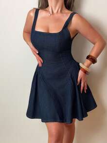 Jeta Ari Women's Square Neck Ruched Sleeveless Casual Denim Dress, Summer - Dark Wash - View 3