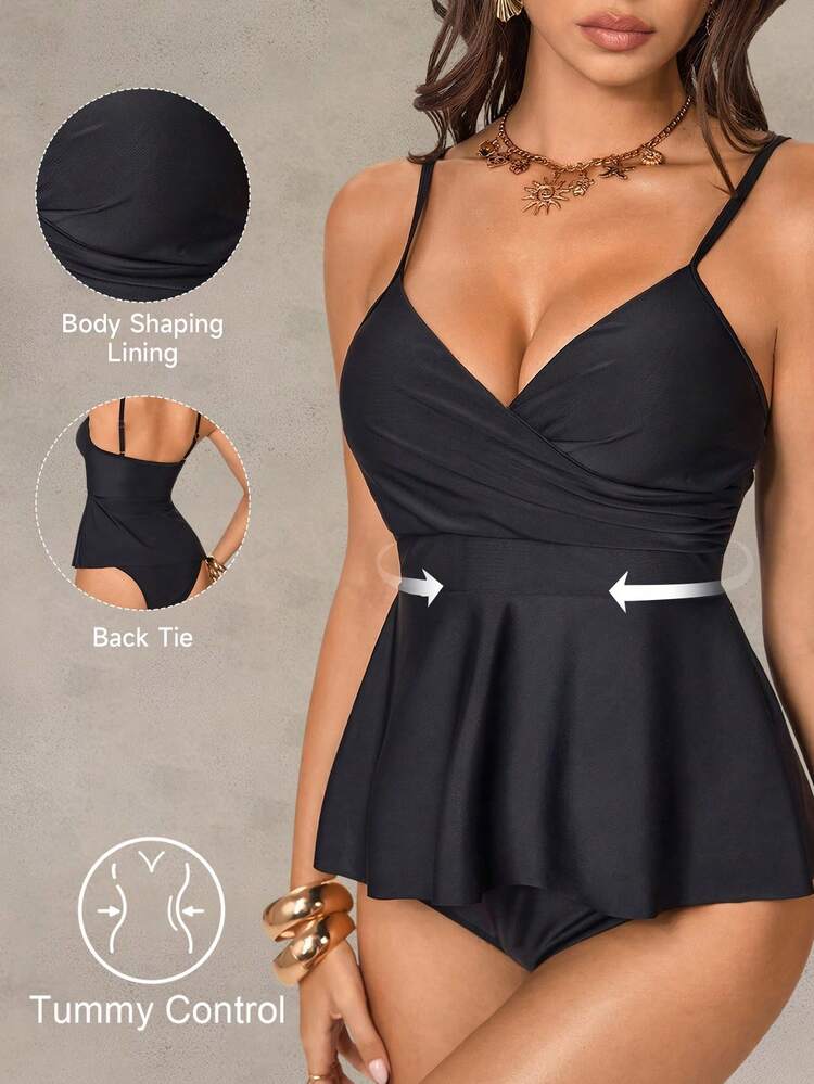 Shapewave Summer Vacation Solid Wrap Tankini Swimsuit - Black - View 8