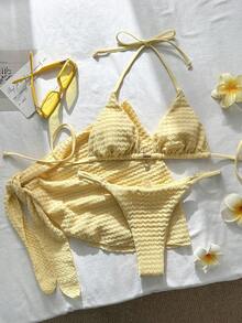 Swim Mod 3件套女士提花面料挂脖金属装饰比基尼套装，适合春夏穿着 - 黃色 - 查看 4