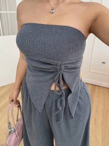 SHEIN EZwear 两件套加大码女装夏季纯色侧抽绳露脐上衣和裤子时尚套装 - 灰色 - 查看 4