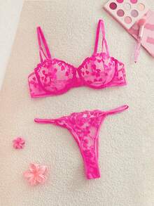 Bonmuse Heart Embroidery Sheer 2pcs Set, Bra & Panties, Women Sexy Lingerie Set For Rave - Hot Pink - View 3