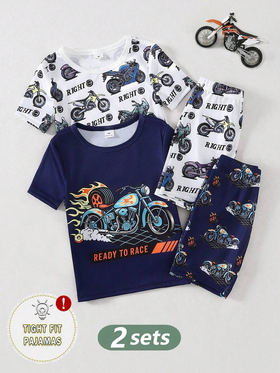SHEIN GraphicGems 4pcs/Set Young BoyCasual Racing Car Pattern Short Sleeve T-Shirt, Shorts, And Pajama Set - Royal Blue - View 1