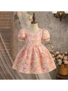 SHEIN Young Girl Cute & Elegant Floral Print Princess Dress,Open Back Puffy Short Sleeve Bow Dress For Kids Girl,Cerise Pink,Summer,Fairy,First Birthday - Multicolor - View 3