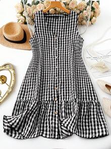 Linhara 女士大码春夏无袖拼接芙蓉花边下摆简约V领条纹丝网印花仿刺绣休闲连衣裙，正面带纽扣。 - 黑與白 - 查看 1