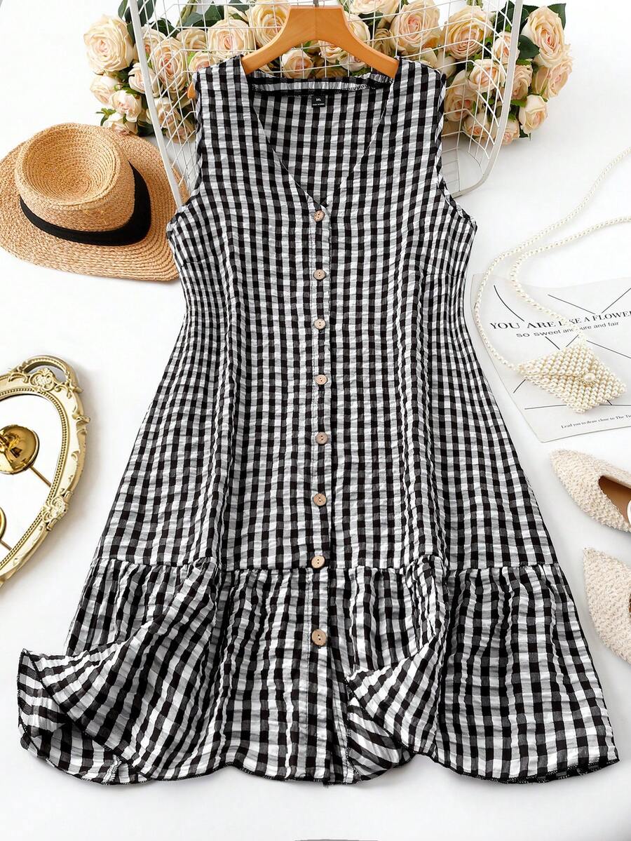 Linhara 女士大码春夏无袖拼接芙蓉花边下摆简约V领条纹丝网印花仿刺绣休闲连衣裙，正面带纽扣。 - 黑與白 - 查看 1