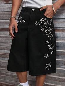 AXEPEAK Men's Washed Embroidered Shorts, Fashionable Pants - Black - View 1