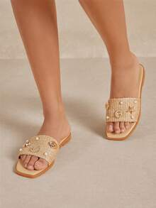 SHUZIA 女士优雅舒适珍珠海星装饰套脚拉菲草平底凉鞋 - 米色 - 查看 4