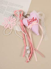 Joivida 1Pc Lace Bow Pearl Chain Bag Charm – Sweet Embroidered Letter Heart Keychain For Women - Multicolor - View 8
