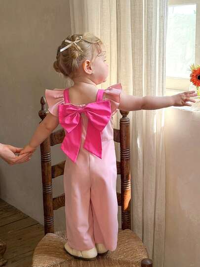 LMoss Kids Baby Girl Contrast Ruffle Sleeve Bow Decor Casual Everyday Jumpsuit