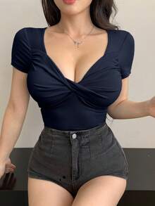 DAZY Camiseta de punto acanalado con nudo delantero - Azul - Ver 5