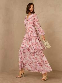 Enchnt 深V领收腰多层下摆长袖连衣裙 - 粉色 - 查看 5