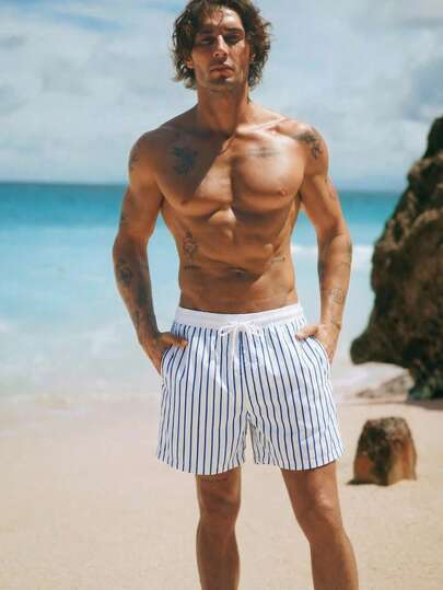 HIMLAND Quần short đi biển nam dáng rộng, kẻ sọc, có dây rút.