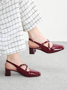 CUCCOO BIZCHIC New Stylish Mary Jane Pumps Women Chunky Heels Slip On Sandals - Burgundy - View 5