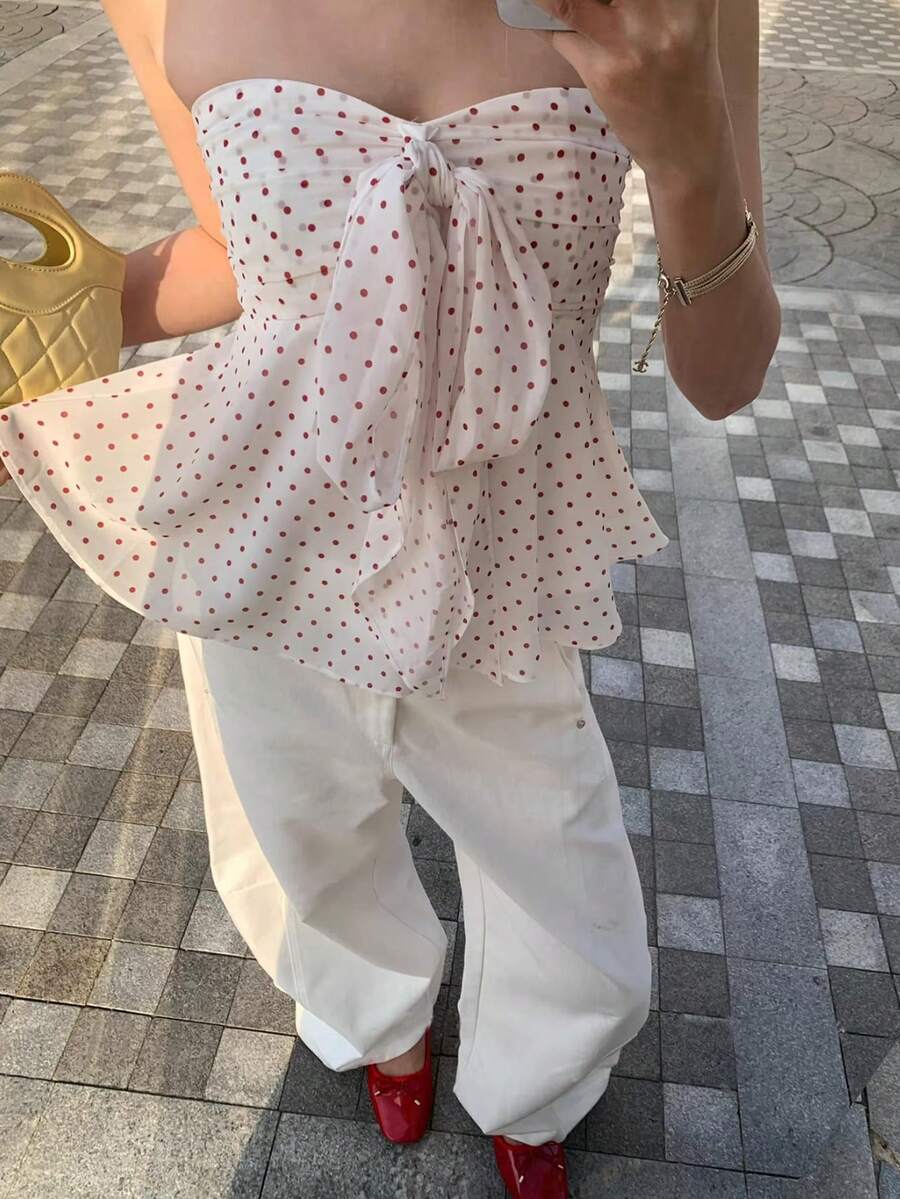 Cévolie 女士夏季休闲波点系带抹胸上衣 - 彩色 - 查看 1