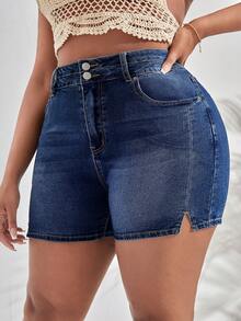 SHEIN SXY 大碼下擺開叉牛仔短褲 - 深色水洗藍 - 查看 3