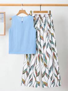 SHEIN Clasi 优雅女士纯色纹理褶皱上衣和花朵阔腿裤套装 - 藍色 - 查看 2