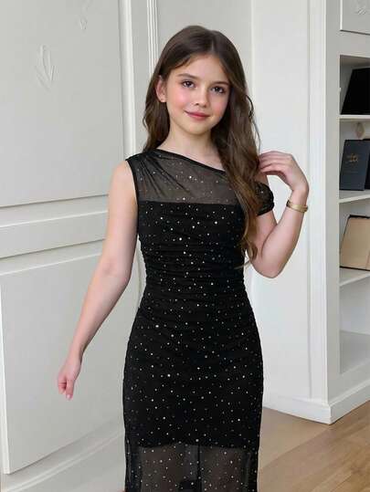 SHEIN Tween Girl Casual Elegant Asymmetric Neck Ruched Waist Bodycon Maxi Knit Dress, Suitable For Halloween Party, Back To School Outfit, Gatherings, Wine Red