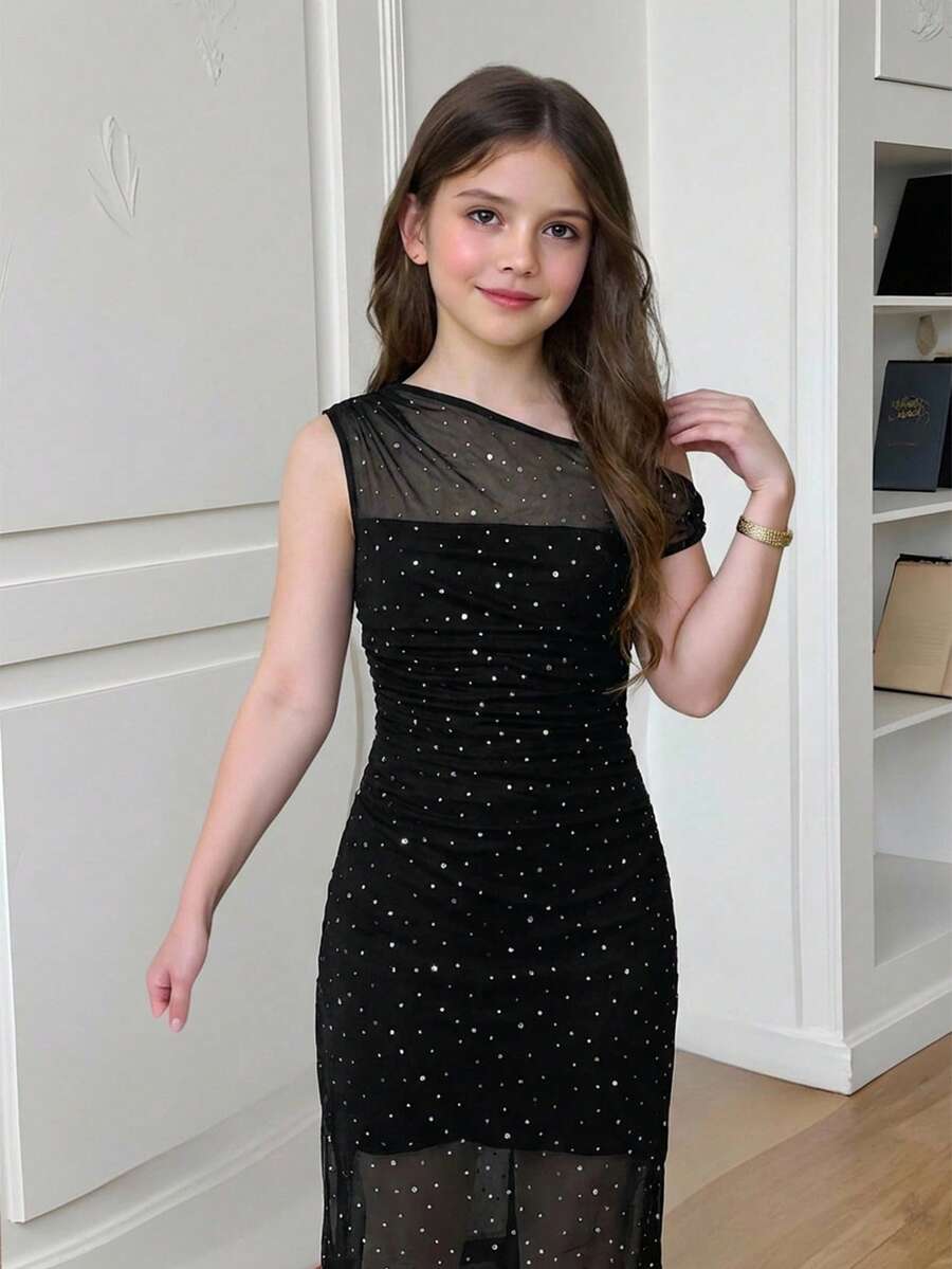 SHEIN Tween Girl Casual Elegant Asymmetric Neck Ruched Waist Bodycon Maxi Knit Dress, Suitable For Halloween Party, Back To School Outfit, Gatherings, Wine Red - Black - View 1