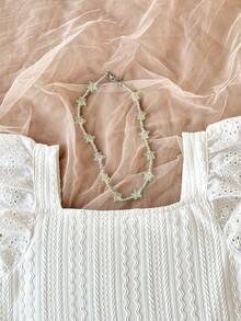 SHEIN 少女休闲度假风拼接刺绣蕾丝边针织修身短款方领T恤上衣，白色 - 白色 - 查看 6