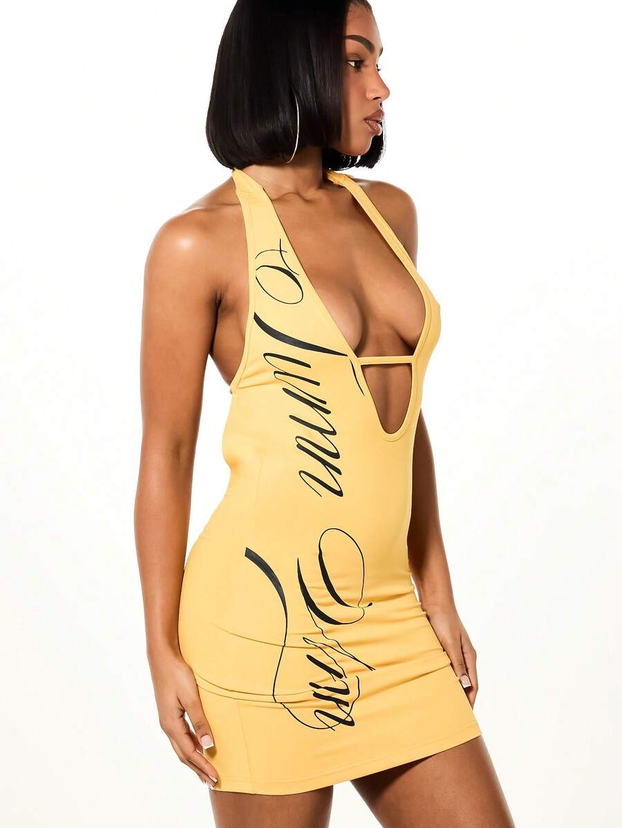 SUMWON WOMEN Halter Neck Backless Yellow Mini Dress With Black Script Graphic Print Cut Out Detail Party Summer Bodycon Sleeveless - Yellow - View 1