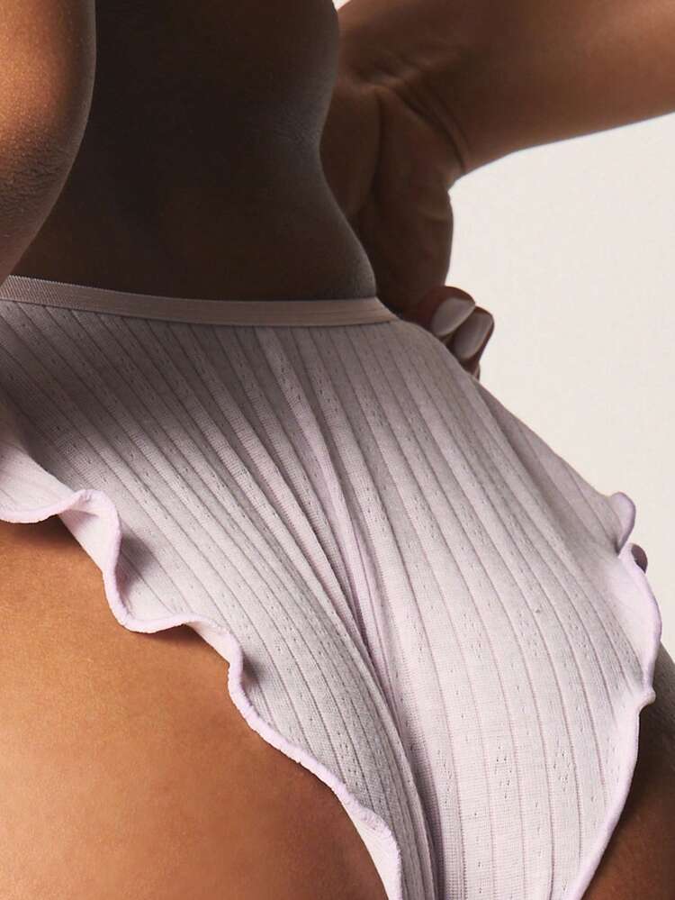 MISSGUIDED Ribbed Heart Charm Detail Ruffle Trim Brief Underwear With Decorative Cutout And Feminine Touch