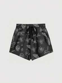 Goth Summer Outfits Plus Size Plant & Insect Print Drawstring Waist Casual Shorts, Suitable For Home, Outdoor - Black - View 1