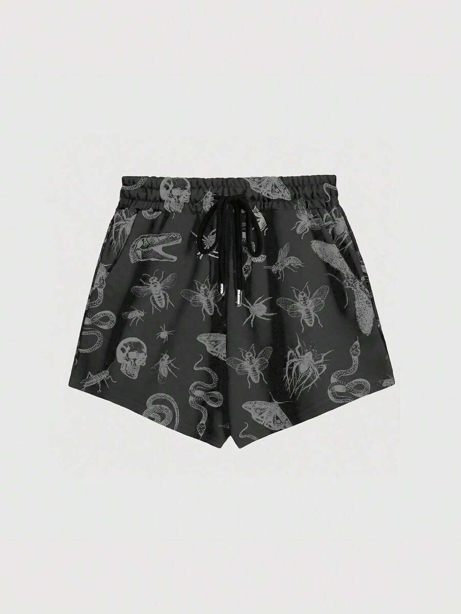 Goth Summer Outfits Plus Size Plant & Insect Print Drawstring Waist Casual Shorts, Suitable For Home, Outdoor - Black - View 1