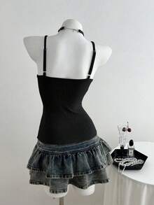 Elamini Áo camisole nữ màu trơn, đính kim loại, xếp ly, thời trang, đa năng, thích hợp cho hẹn hò và dự tiệc. - màu đen - Xem 2