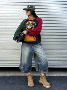 HARRY POTTER X SHEIN Áo nỉ tay raglan phối màu, có túi, kiểu dáng thường ngày dành cho nữ sinh viên, in hình huy hiệu động vật và chữ cái. - Nhiều màu - Xem 3