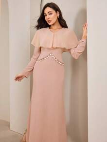 Graceveil Women's Elegant Dusty Pink Maxi A Line Dress With V Neck Long Sleeves And Flared Hem Woven Fabric Plain Design Featuring Zipper - Dusty Pink - View 5