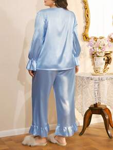 Côtesoire French Elegant Lace Patchwork Pajama Set, Loose Romantic Ruffle Hem Sleepwear, French Romantic Elegant Loose Casual Plus Size Pajama Set - Blue - View 2