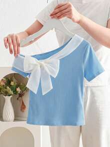 SHEIN Tween Girl Elegant Bowknot Decor Fitted Short Sleeve T-Shirt, Ladylike Style, Kids Clothes Girls Blue White,,Kids - Baby Blue - View 5