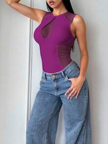 SHEIN SXY Women's White Mesh Patchwork Sleeveless Sexy Bodysuit Mesh Bodysuit Bodysuits For Women - Purple - View 4