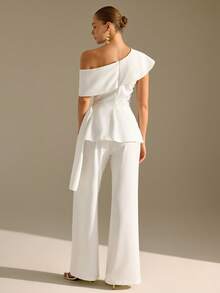 CLARA VERO White Asymmetric Ruffle Top And Wide Leg Pants Set: Slim Fit Waist And Flowing Maxi Length, Perfect For Elegant Evenings Or Modern Engagement Parties, Made In Non-Elastic Double Layer Polyester Featuring Folded Shoulder Draping Side Lace Detail And Concealed Zip - White - View 2