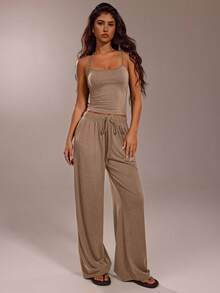 Avantive 休闲度假宽松纯色夏季吊带露背上衣和裤子套装 - 駝色 - 查看 5