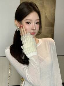 FRIFUL Women's Loose Fit Round Neck T-Shirt With Mesh Patchwork Sleeves, Lightweight And Sheer - White - View 6