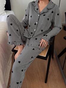 Dream Adore Conjunto de pijama con cárdigan de cuello con volantes y estampado de corazones a rayas - Multicolor - Ver 5