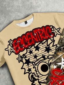 Manfinity ZONE917 加大码男士宽松卡通红白涂鸦人物树枝迷彩印花针织短袖T恤裤套装，休闲时尚，加大码合身，约会聚会完美之选，送给男友的绝佳礼物 - 彩色 - 查看 2