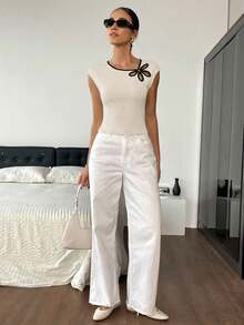 Siren Gaze Women's Hollow Design Asymmetric Collar Cap Sleeve Fashion T-Shirt - Apricot - View 4