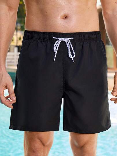 Manfinity VDAYZ Men's Solid Color Pocket Drawstring Waist Beach Shorts, Suitable For Summer Swimming Shorts For Men